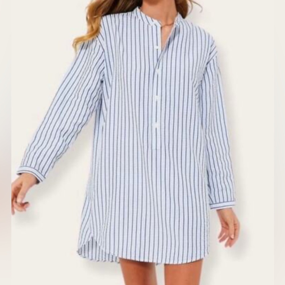 Tuckernuck Seersucker mini cover up shirt dress size xxs Blue white stripe